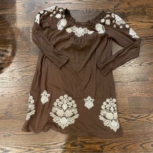 Johnny Was brown tunic cream embroidered top size medium